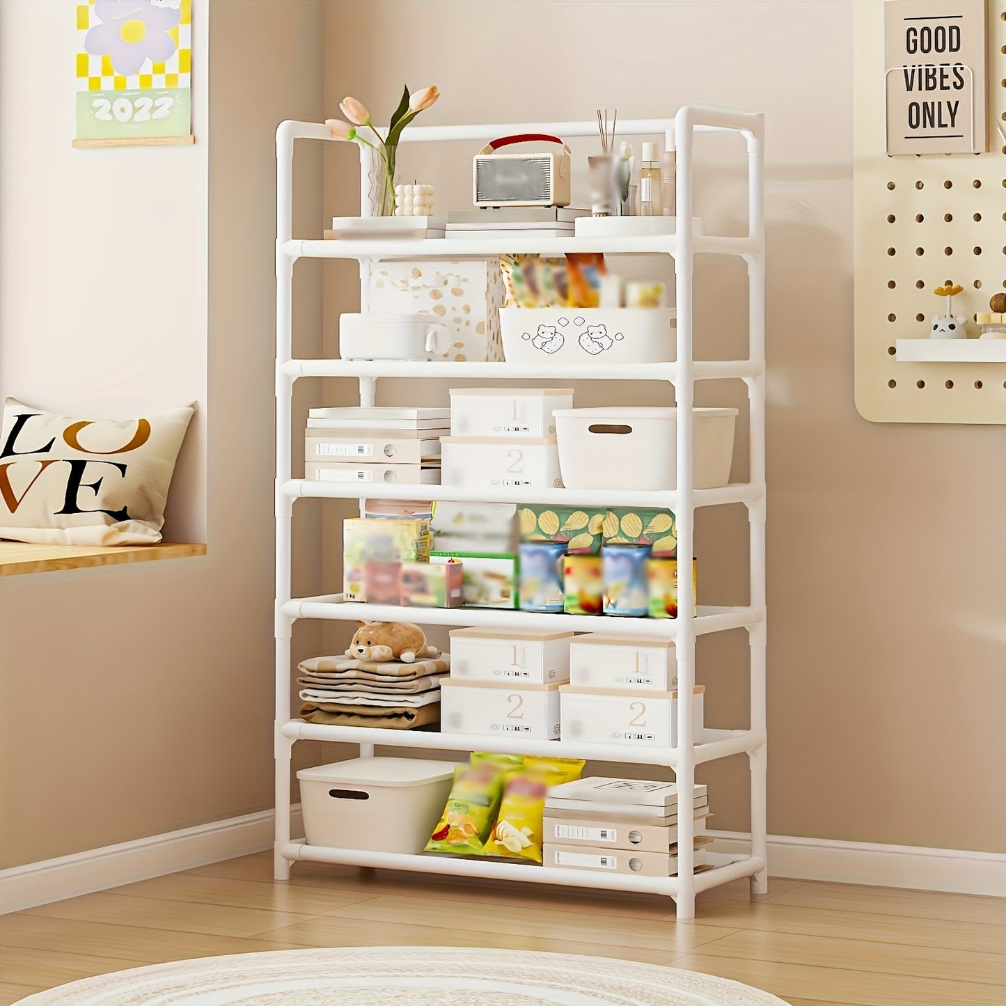 1 piece modern 6-tier metal storage rack with paint finish and large capacity. Vertical shelving with metal pipe frame, suitable for home and office use.