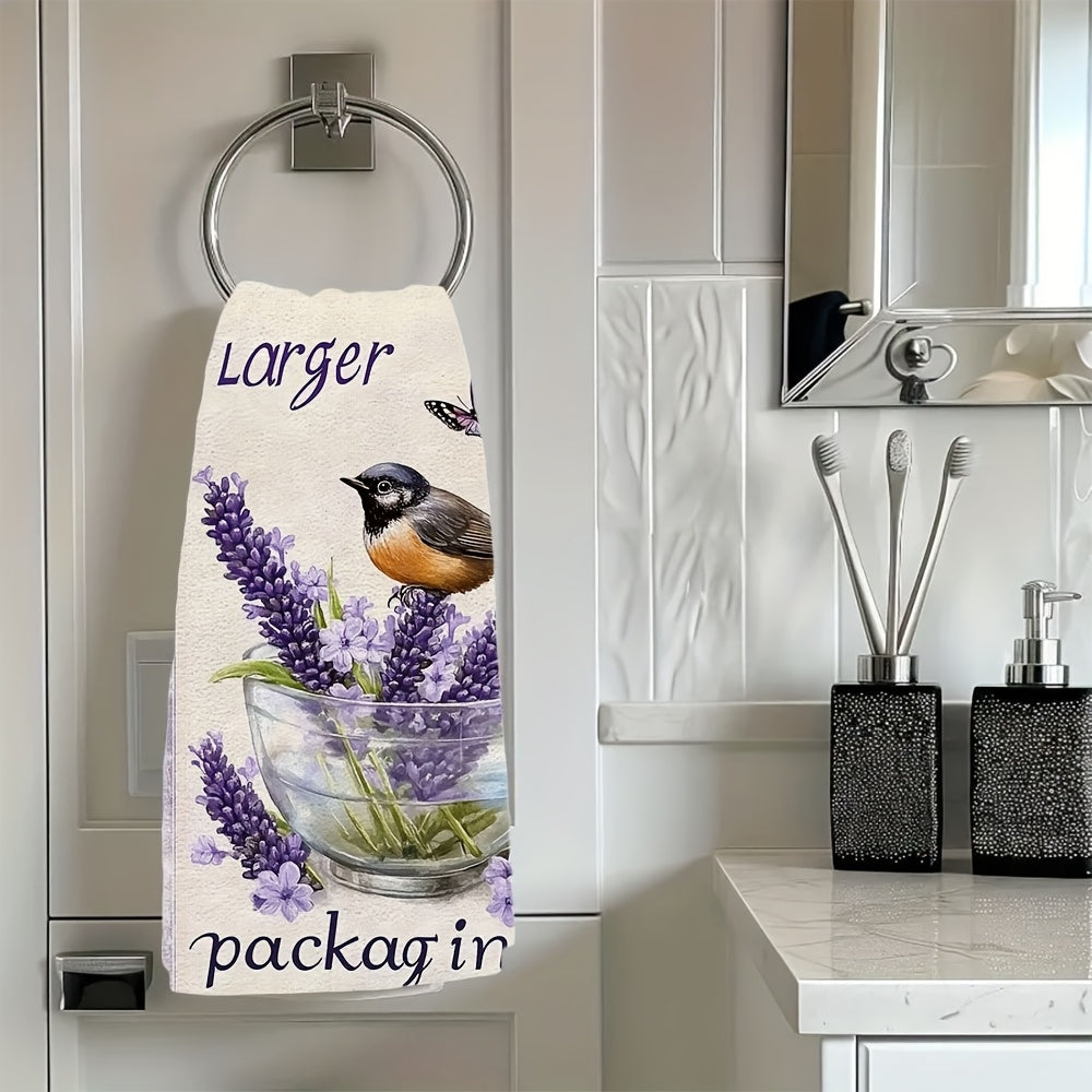 Pair of ultra-soft lavender kitchen towels adorned with birds and butterflies in purple hues. These highly absorbent towels are perfect for holiday decor and are machine washable. Each towel measures 40.64x60.96 cm.