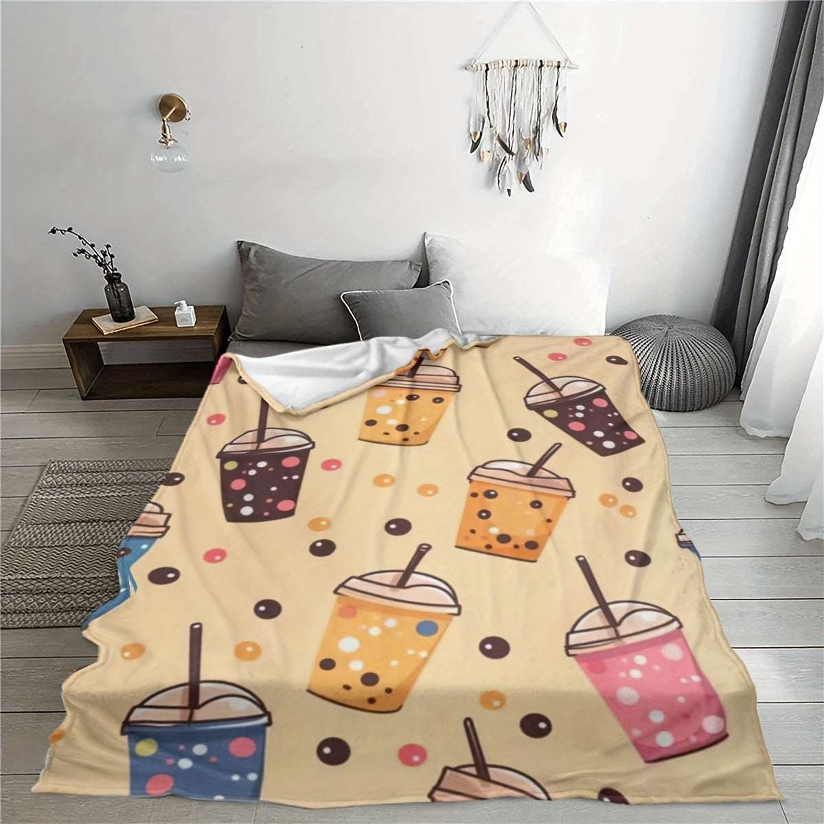 Modern Boba Tea Design Flannel Throw Blanket - Soft and Lightweight, Perfect for Bed or Sofa - Features Cartoon Bubble Pattern, Ideal for All Seasons - Made with Soft Knit Digital-Print Polyester Cover, 200-250 g/㎡.