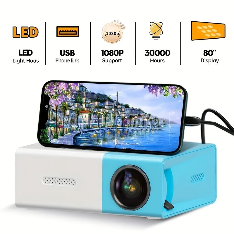 ZRZTM mini projector with fast focus, European plug, compatible with Android devices/USB, ideal for home/office use and holiday gifting.