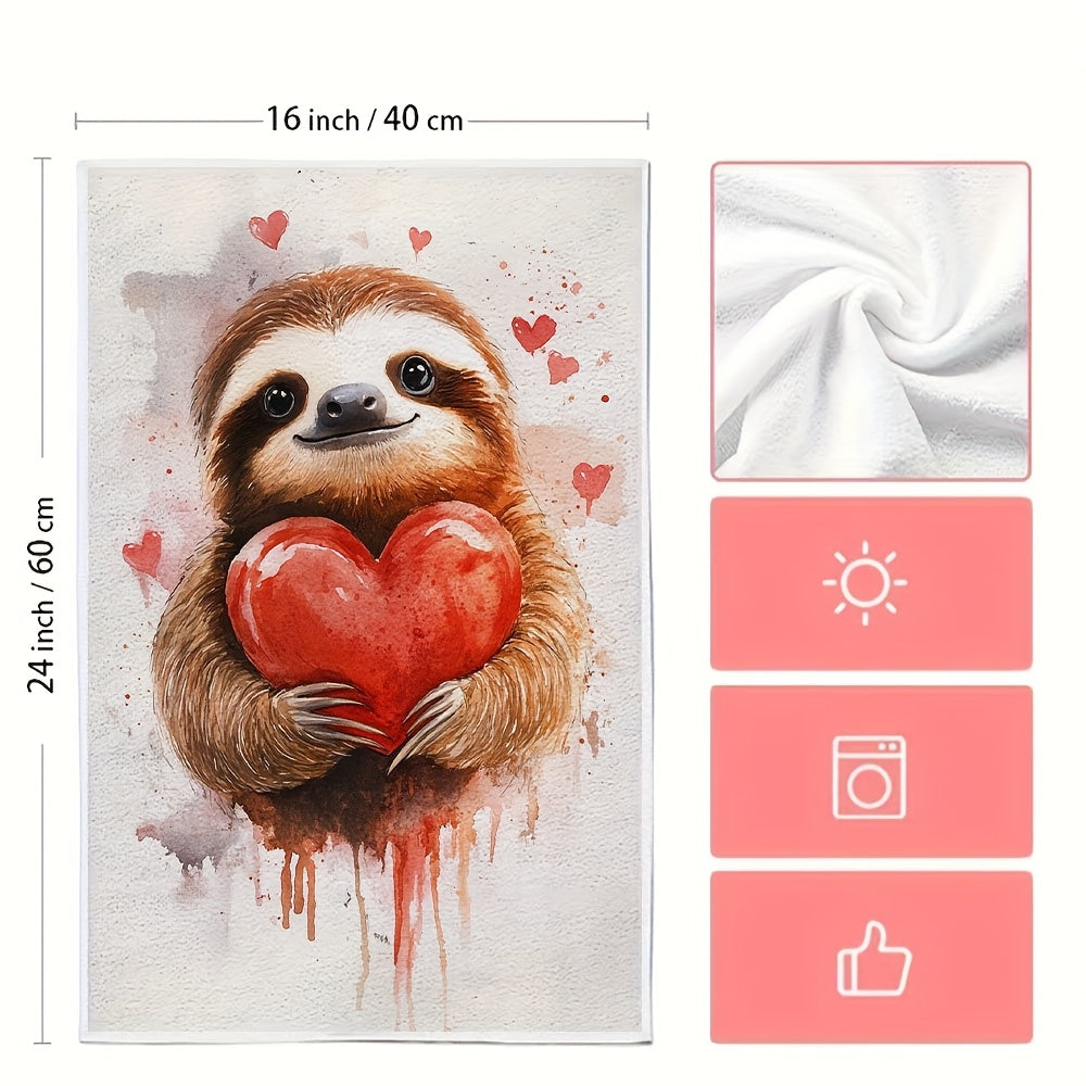 Valentine's Day Kitchen Towels - Set of 2, Ultra Soft, Loveable Sloth Print, Humorous and Cute, Highly Absorbent Dish Hand Towels for Holiday Decor, Machine Washable, 16x24 Inch