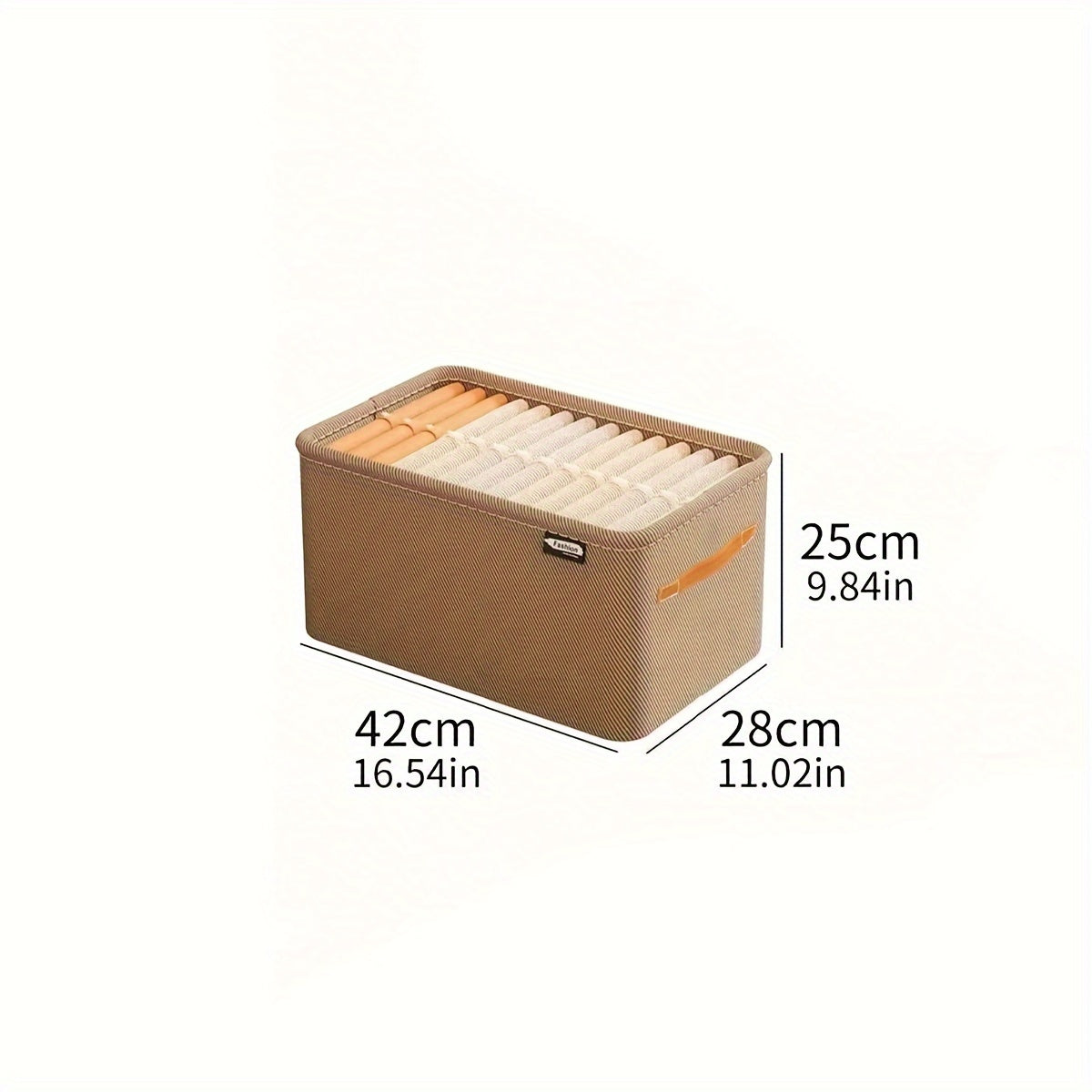 Sturdy and durable steel rimmed storage box, does not have a lid. Can be stacked in wardrobe for easy organization of clothes, with handles for convenient carrying.