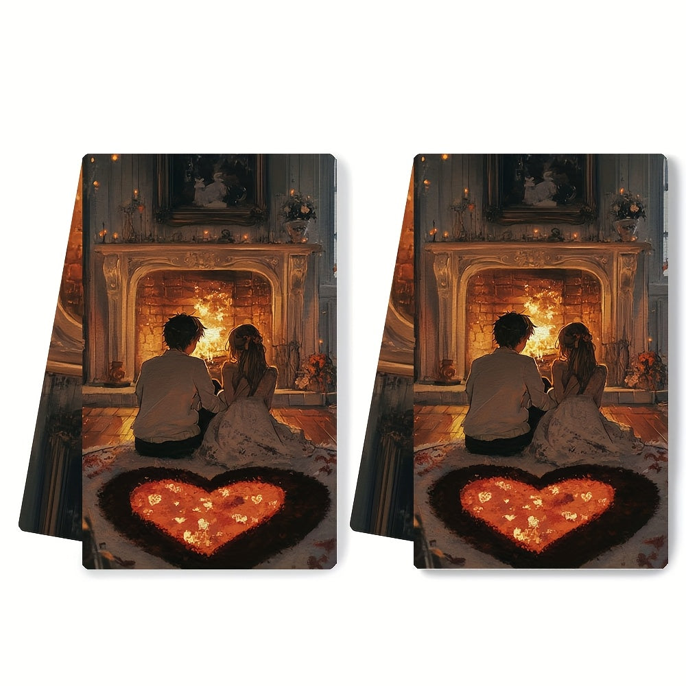 This set includes 2 ultra-soft kitchen towels featuring an anime couple sitting on a heart-shaped rug by a fireplace. These highly absorbent dish towels are ideal for holiday decoration, can be easily machine washed, and measure 40.64x60.96 cm.