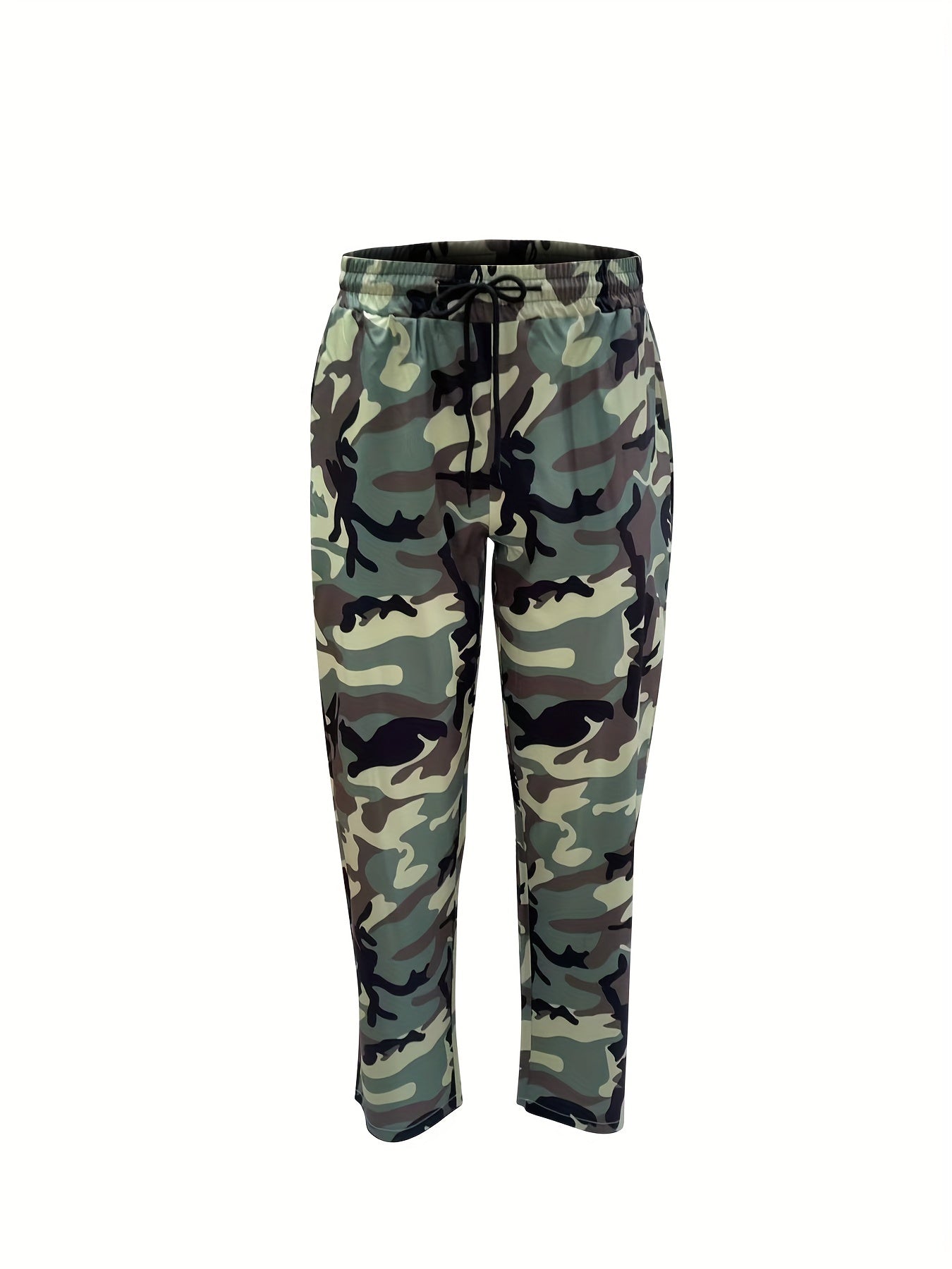 Plus Size Men's loose-fit athletic pants in camo print, made of machine washable polyester fabric.