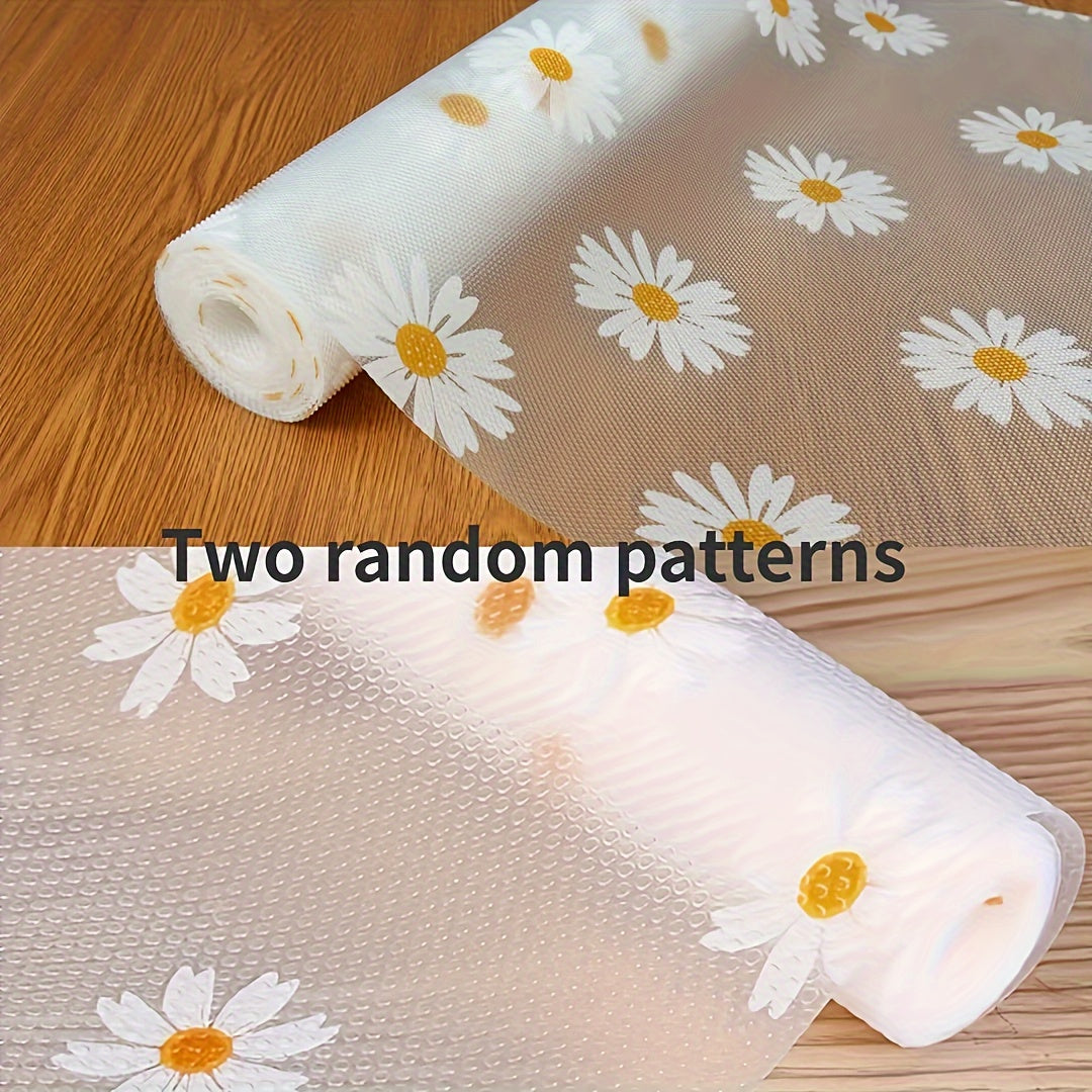 Daisy design non-slip shelf liner roll, 100% plastic, easy to clean, for kitchen cabinets, hand washable.