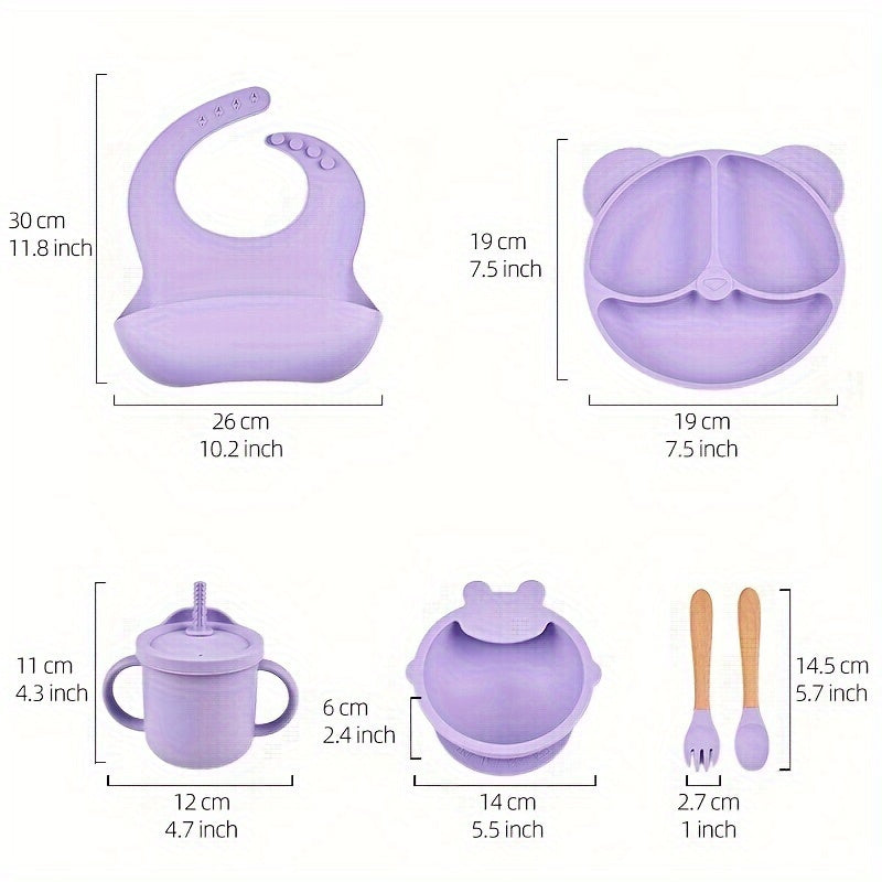 6 Piece BPA Free Silicone Baby Feeding Set for Toddlers - Includes Suction Plate, Bowl, Bib, Sippy Cup, Fork & Spoon - Food Grade Flatware for Ages 0-3 Years