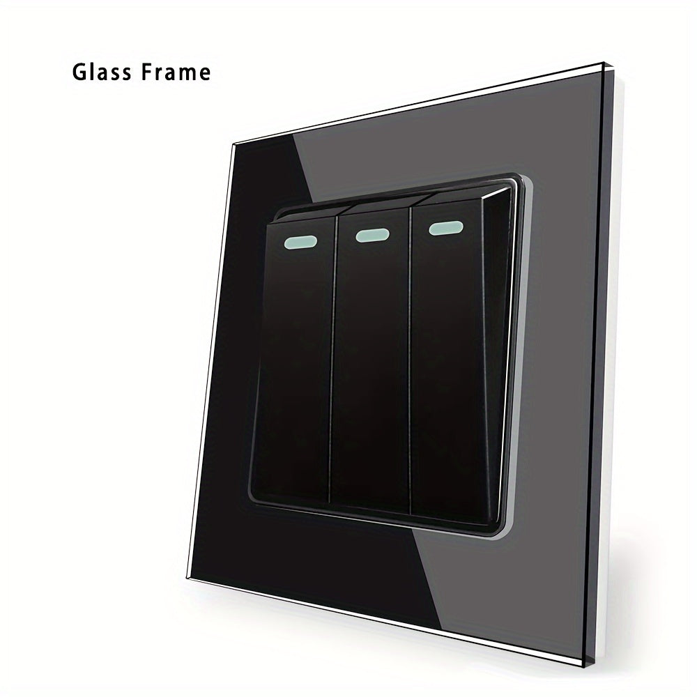 Sleek tempered glass crystal wall switch available in white, gray, and black in 1GANG, 2GANG, and 3GANG options.