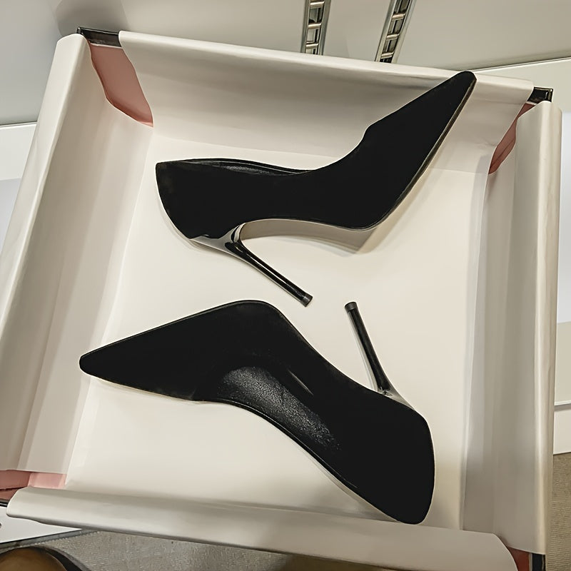 Black pointed toe stiletto pumps for women, perfect for work commuter shoes.