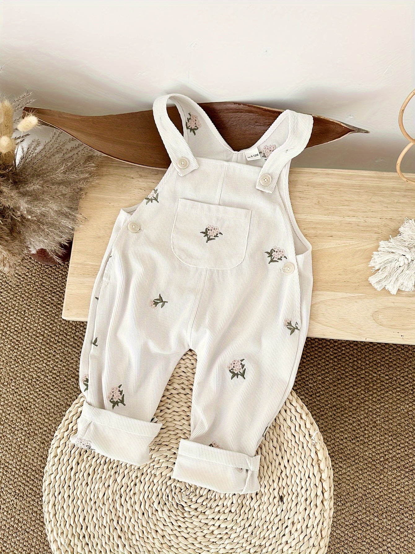 Infant & toddler girl's flower embroidery overalls, perfect for outdoor wear in spring and fall.