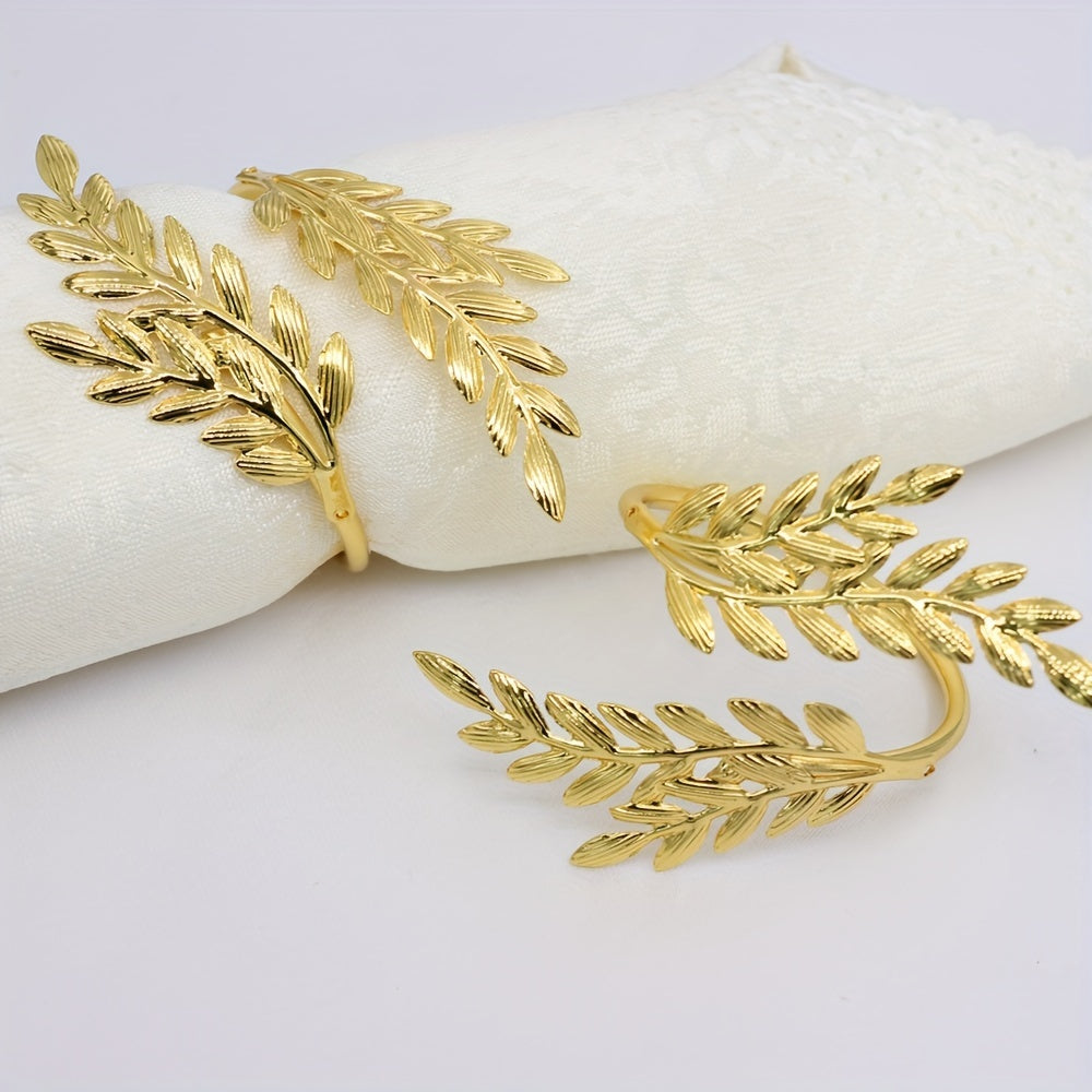 Set of 6 wheat ear design iron napkin rings, great for hotel wedding banquets. Golden plating, also available in silver.