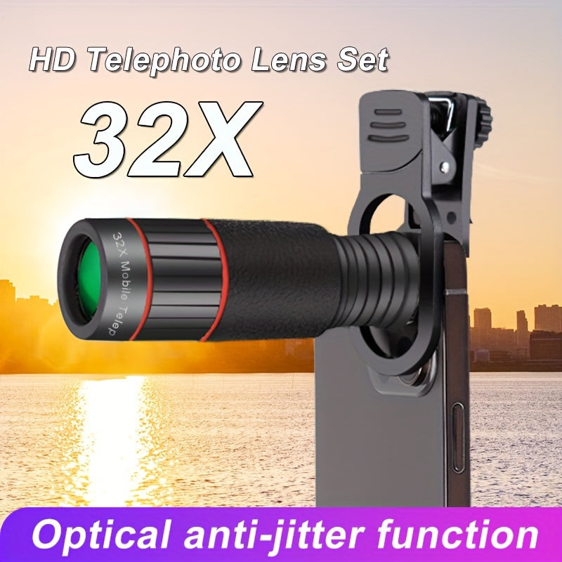 High-quality 32X HD optical telephoto lens with anti-jitter function for smartphones. Universal clip for most mobile phones, made of rubber material. Perfect for outdoor enthusiasts.