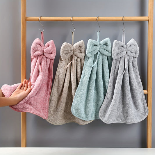 3pcs Bowknot Hanging Hand Towels, Coral Fleece, Quick Drying, Absorbent, Soft, Kitchen and Bathroom Towels.