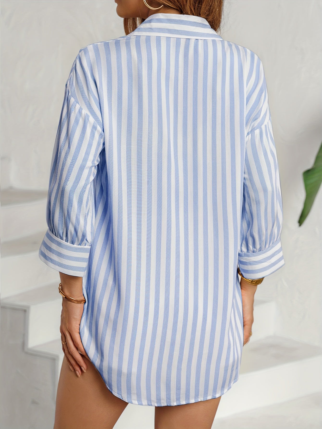 Striped button front drop shoulder shirt, casual short sleeve for spring & summer, women's clothing.