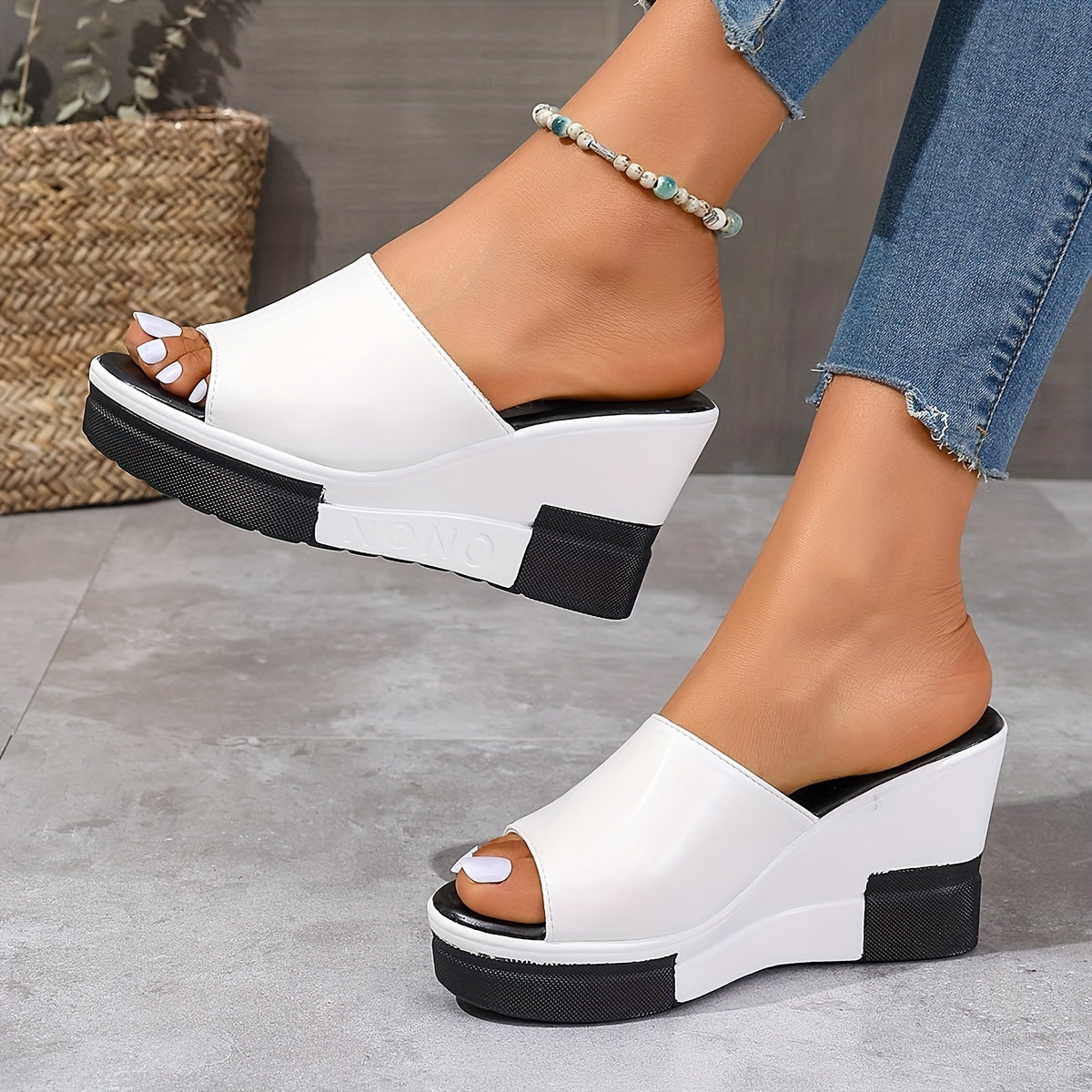 Summer wedge sandals for women with contrast peep toe and platform slide design for outdoor wear.