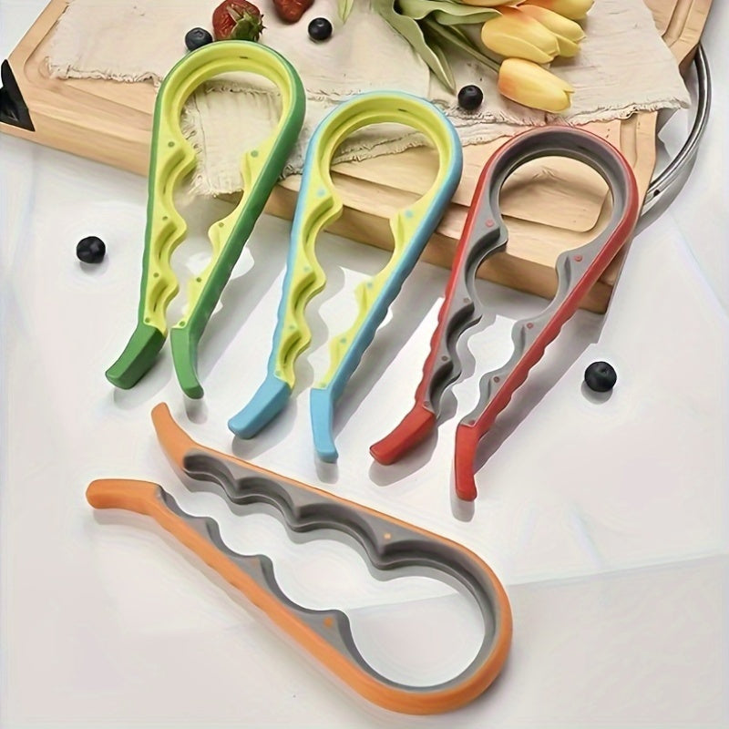 Multi-functional 4-in-1 plastic jar opener with non-slip grip for manual bottle cap removal in the kitchen.