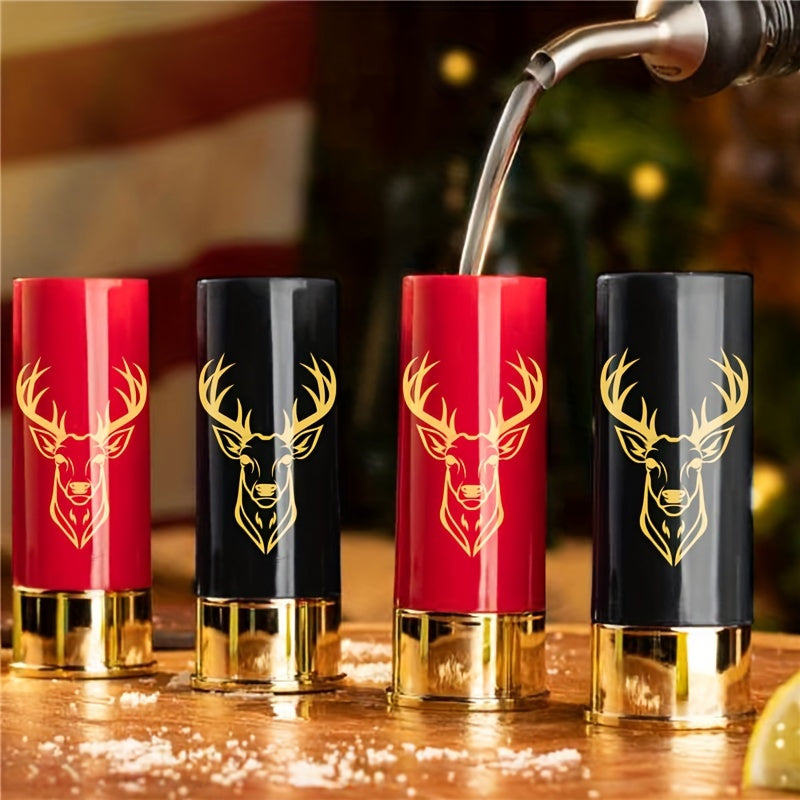 4 Elk Head Pattern Shot Cups, Bullet Shaped Shot Glass for Bars, Clubs, Restaurants, or Home use.