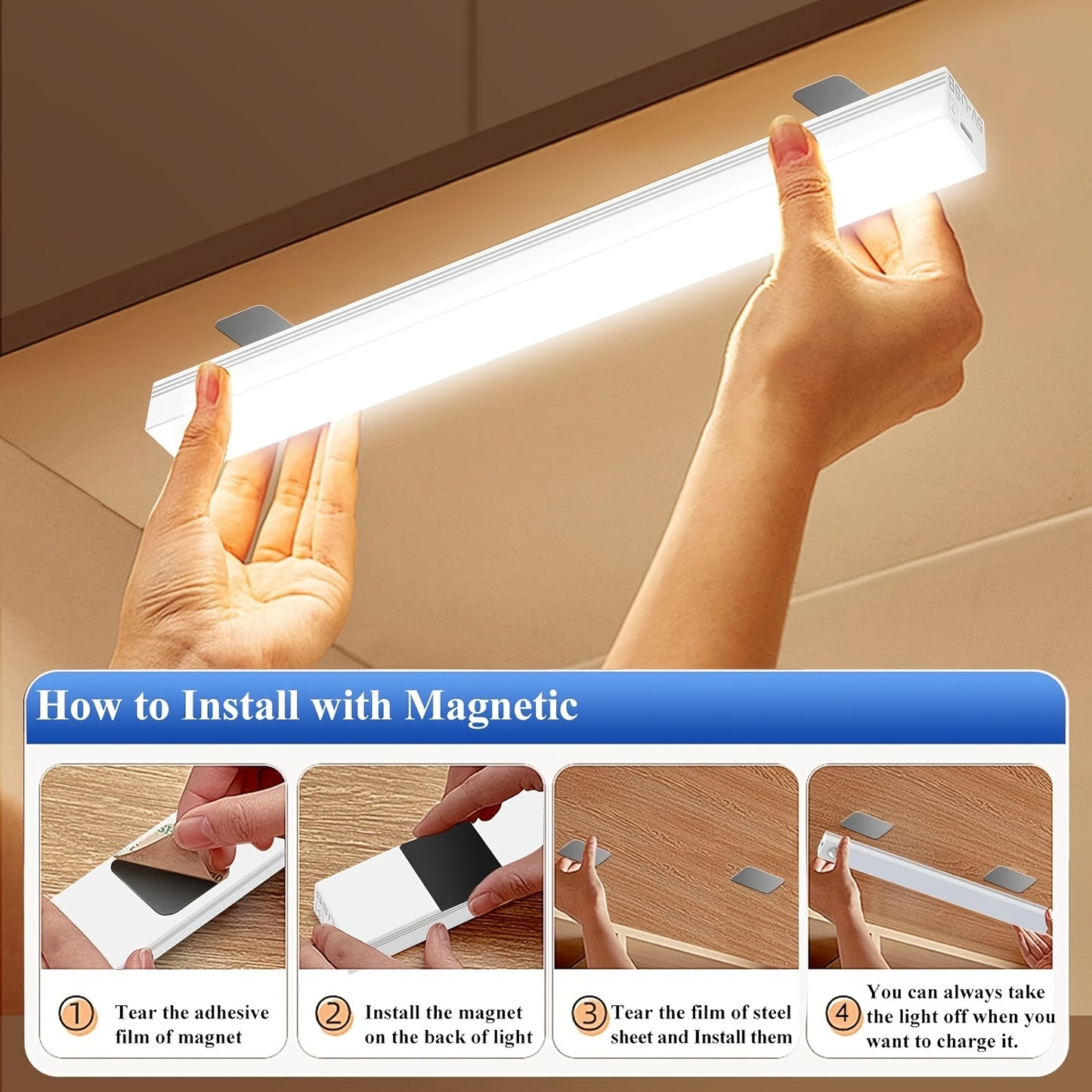 Wireless LED motion sensor light in multiple sizes, ideal for various rooms and spaces, USB rechargeable