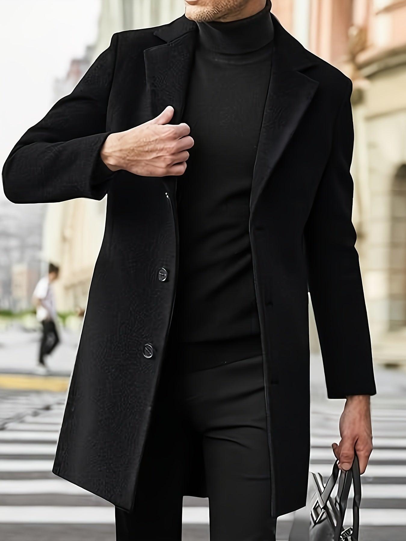 Men's classic trench coat made of 100% polyester in a solid color, featuring a casual lapel collar, regular fit, and non-stretch woven fabric. Suitable for business casual fall/winter