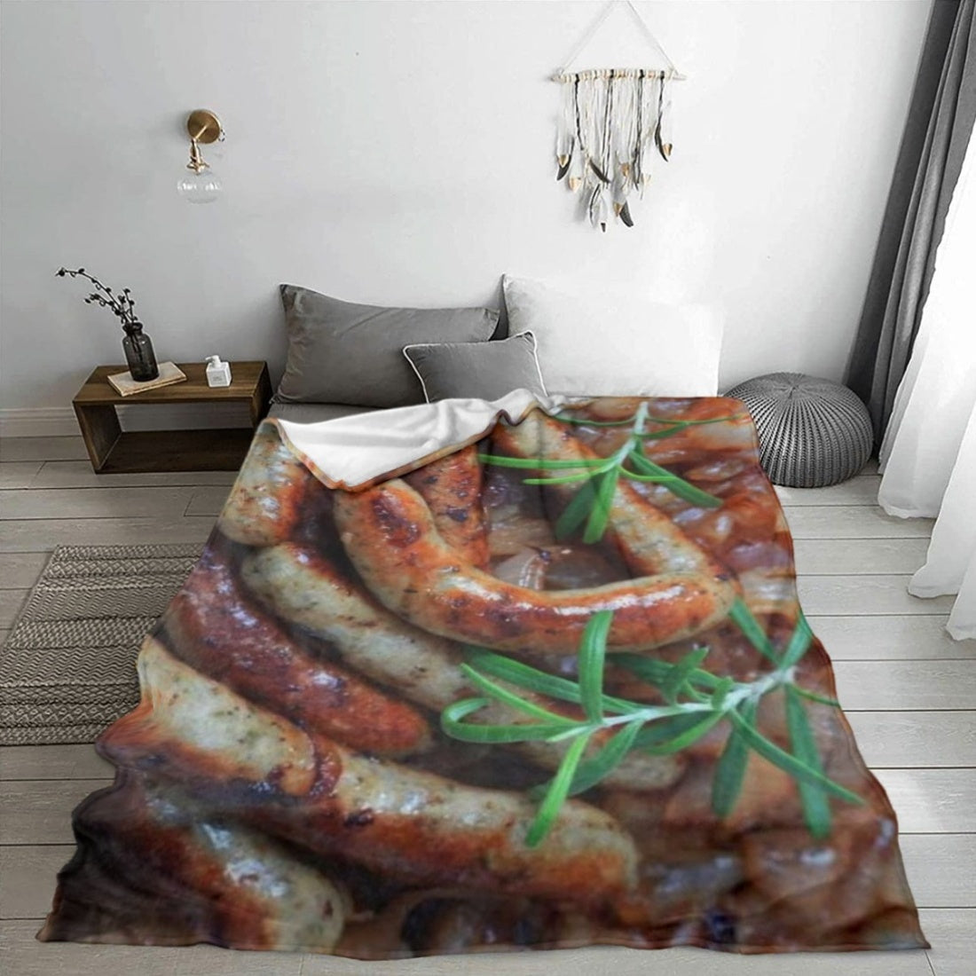 Ultra-soft flannel fleece throw blanket featuring a realistic 3D print of sausage and rosemary design. This cozy and plush blanket is perfect for adding a touch of comfort and style to your living room decor. Ideal for gifting on birthdays and Christmas