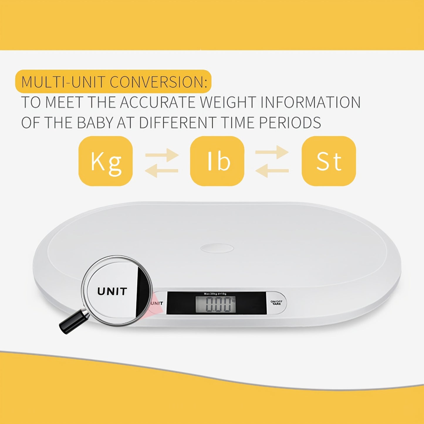 The smart scale has 3 modes and a tare function, with a curved platform and ruler suitable for infants, newborns, puppies, cats, and toddlers up to 44 pounds (20 kg).