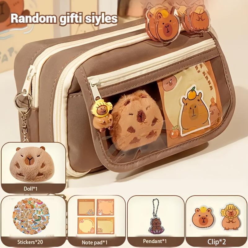 6-piece Capybara pencil case set with zipper, includes canvas bag, transparent storage box with compartment, doll, stickers, clips, and notepad.