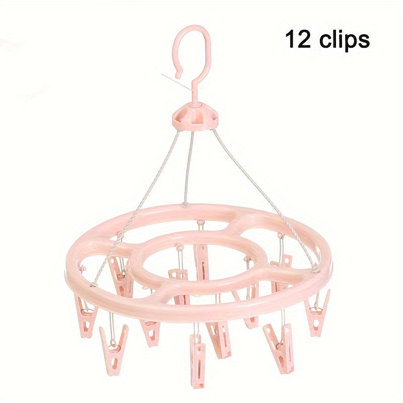 Get the 1pc12 Clip Round Drying Rack made of plastic. It can rotate 360 degrees, making it windproof. Hang your socks easily with this multifunctional rack that can also be used for infant and toddler clothes storage. The hook can also be used for