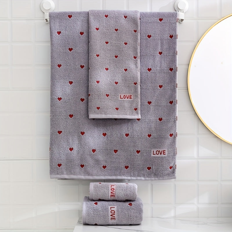 100% Cotton Towel Set with Heart Pattern, 2 pieces. Includes 1 hand towel (34x75cm) and 1 bath towel (70x140cm). Soft, absorbent, unscented. Great for couples, home use, and Valentine's Day