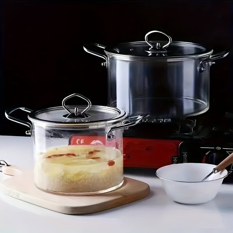 One piece of large-capacity high-boron-silicon glass soup pot with double ears and lid, featuring a stainless steel handle. Suitable for use on household electric ceramic stoves for heating and cooking various dishes such as noodles and stews.