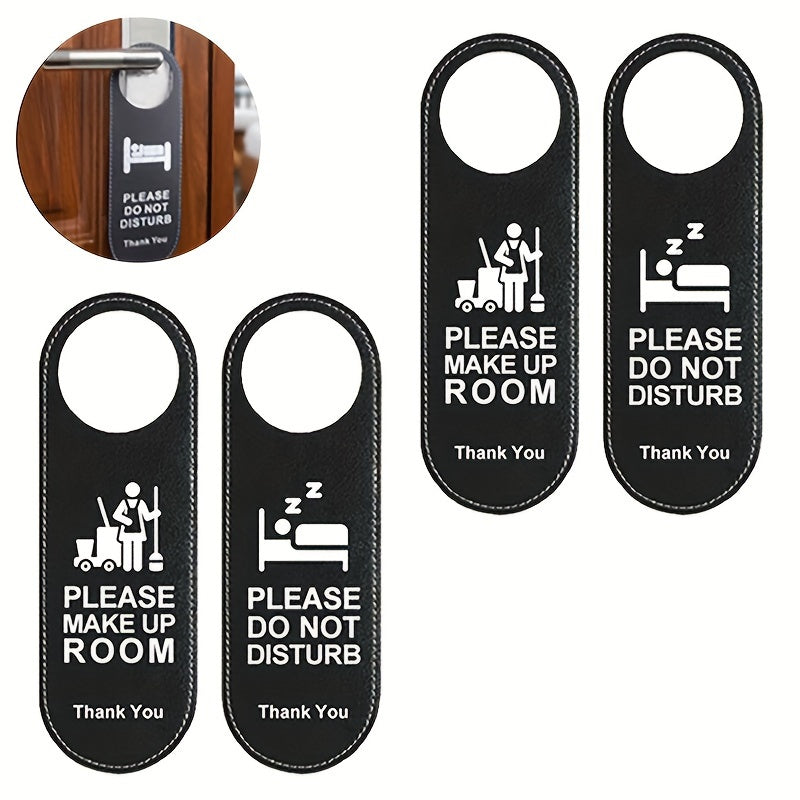 Classy leather door hangers for hotel guests: "Make Up Room" and "Do Not Disturb" signs.