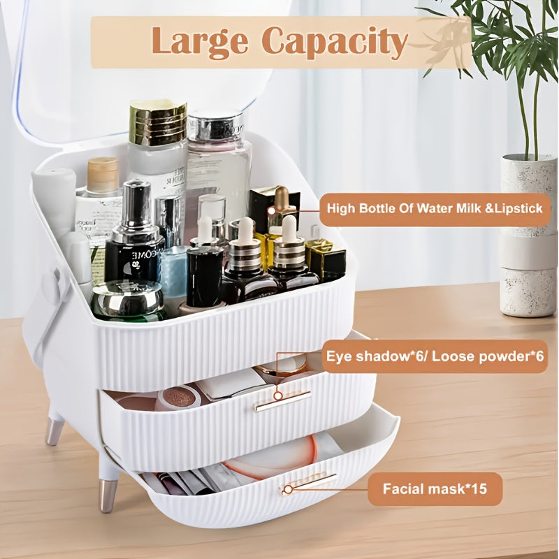 Makeup organizer with drawer for storing supplies and keeping jewelry, skincare products, and lipsticks tidy.