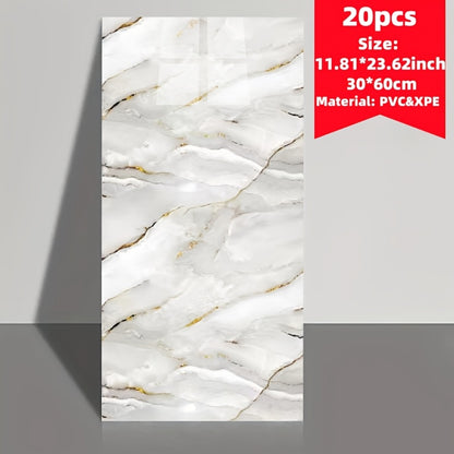 Set of 20 marble tile wall stickers, easily cut, install, and remove. Waterproof self-adhesive boards suitable for various rooms. Size: 59.99 * 29.97 cm. Ideal for kitchens, living rooms