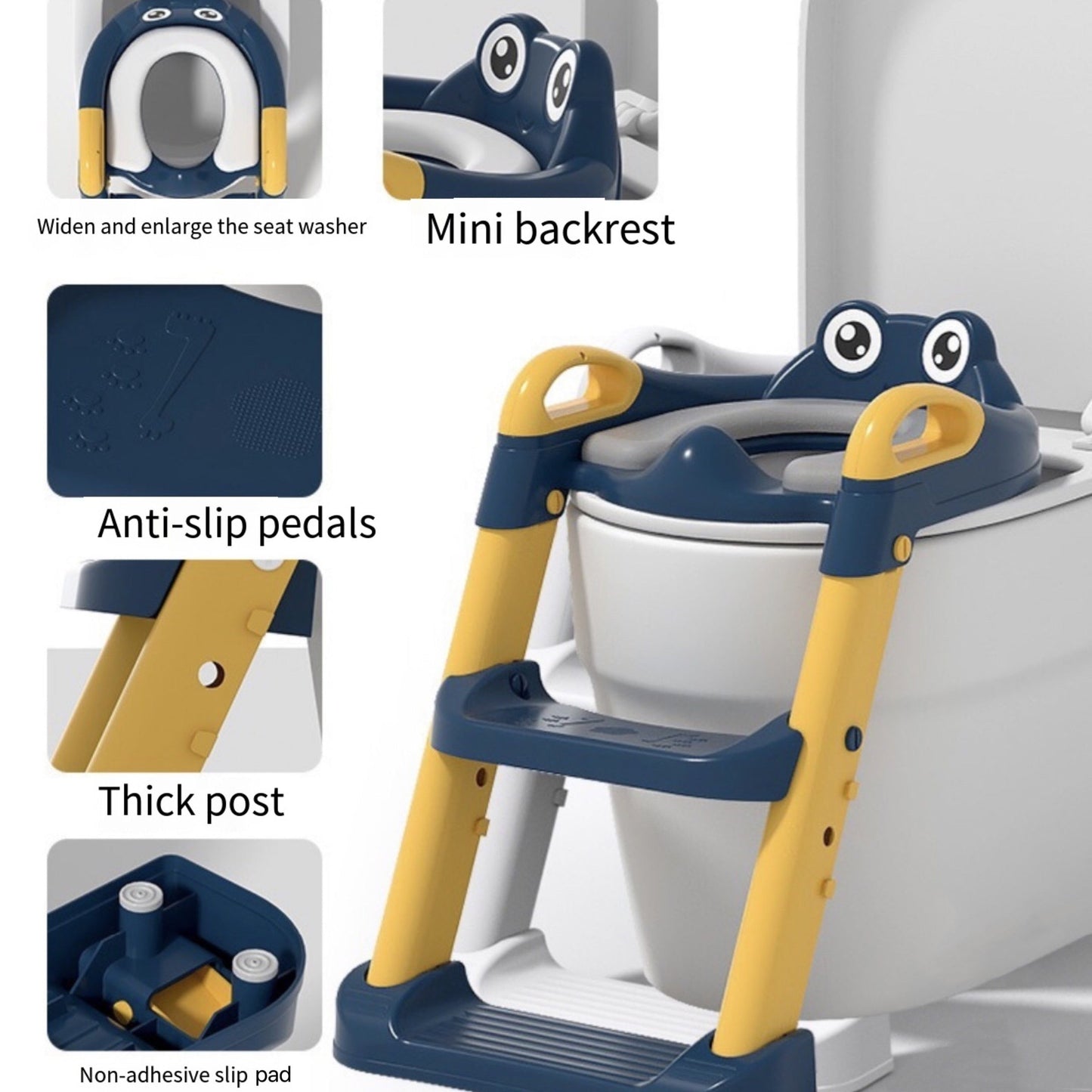 Toilet training supplies include a step toilet ring, cartoon little frog auxiliary toilet ladder, and a folding baby toilet step.