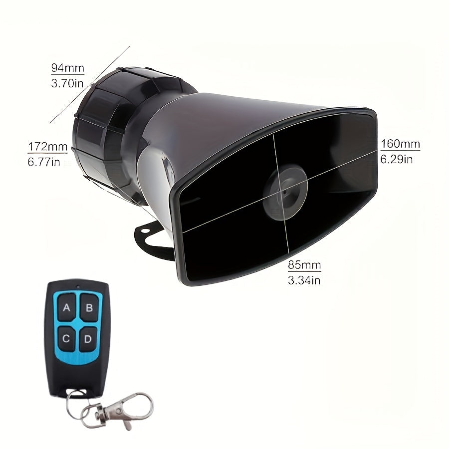 12V remote horn with 7 tones and 100W power for vehicles.