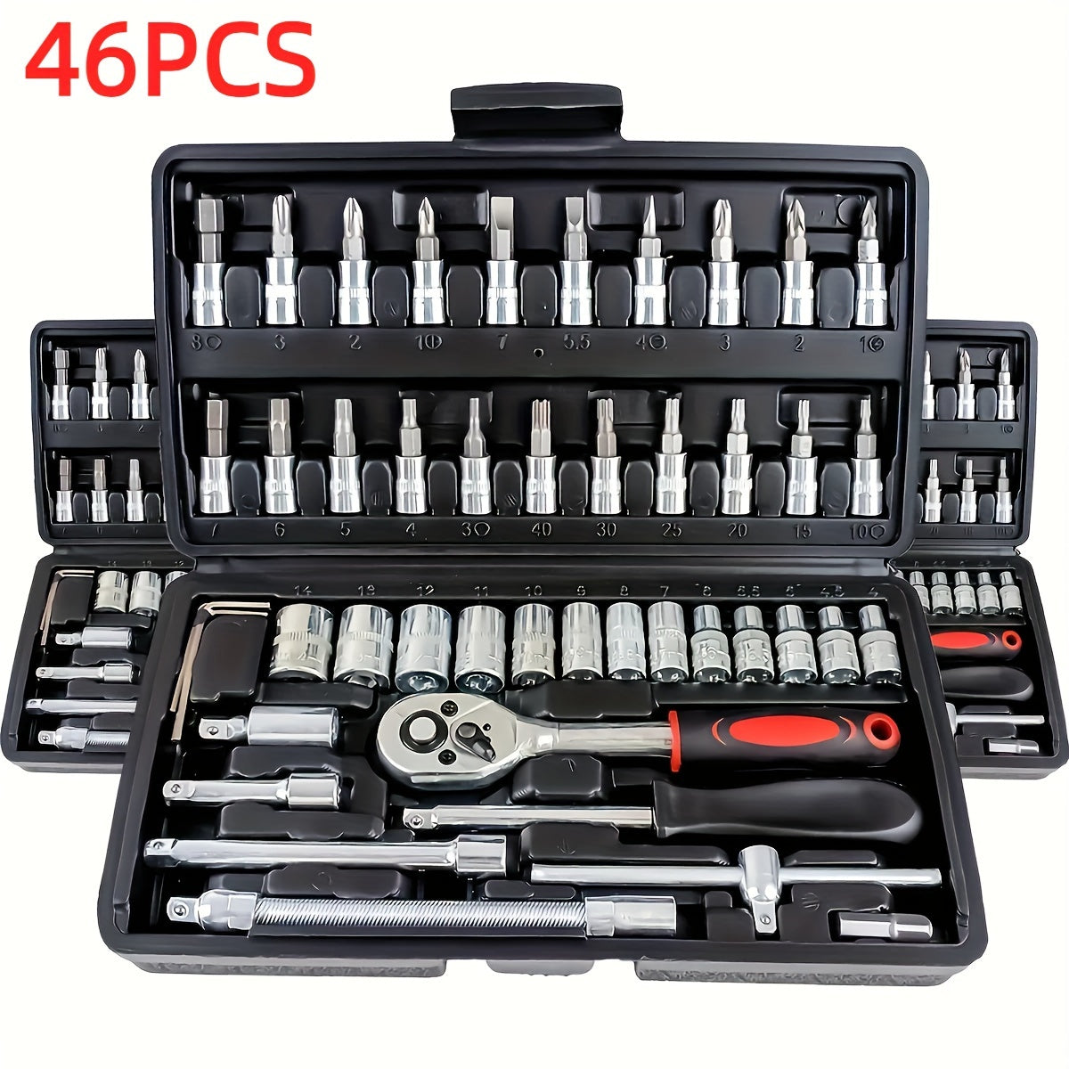 Professional high-end specialty mechanic tool sets with various number of pieces, drive depth and standard sockets, premium racing grade auto parts repair tools, including fast ratchet