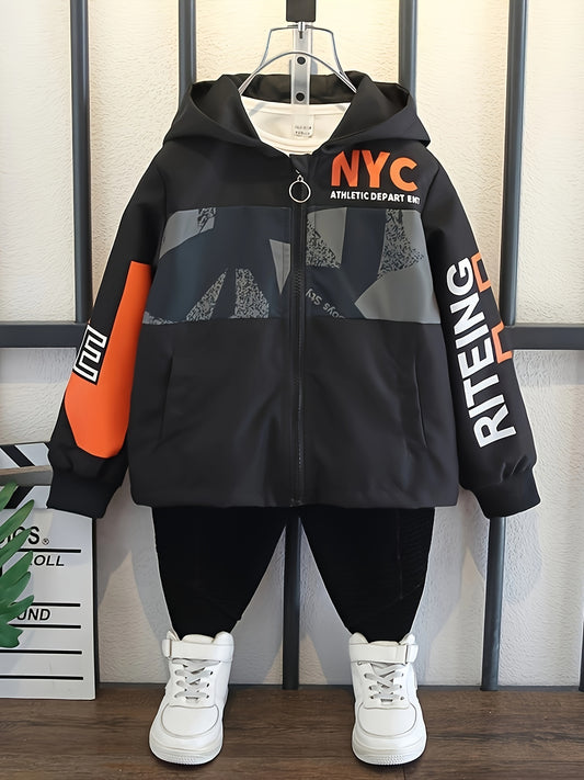 Stylish Boy's Loose Hooded Jacket with Zipper, NYC 95 Letter Print for Spring/Autumn Kids Outwear.