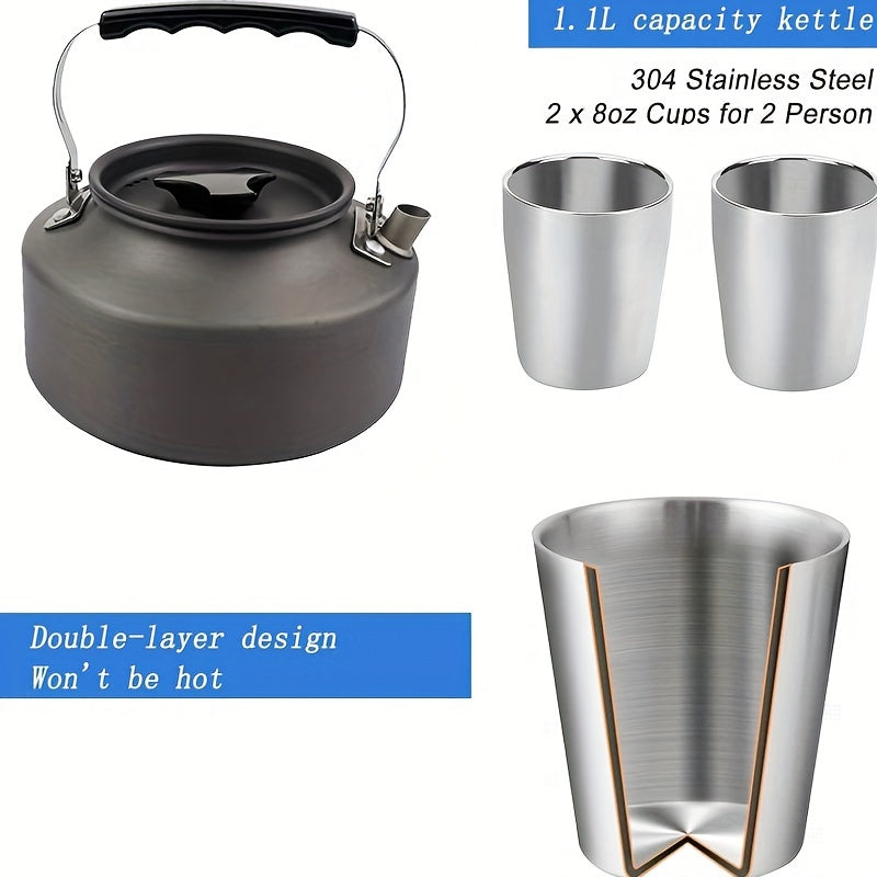 15-piece camping cookware set made of portable non-stick aluminum alloy for outdoor cooking.