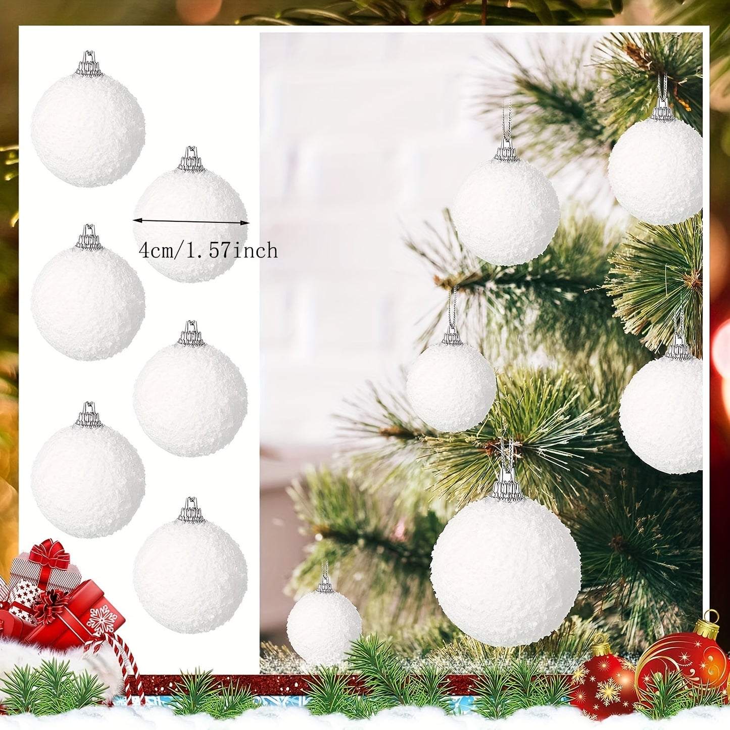 24 classic Christmas snowball ornaments, 3.99cm foam balls for tree decoration - no electricity required, ideal for festive home and party decor.