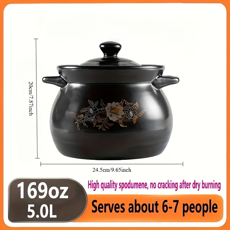 Use this 4 Litre Black Chinese Stock Pot made of high temperature resistant ceramic for slow cooking, soups, and terracotta rice. This universal thermal insulated earthenware stew pot can be used on all hobs without producing impurities.