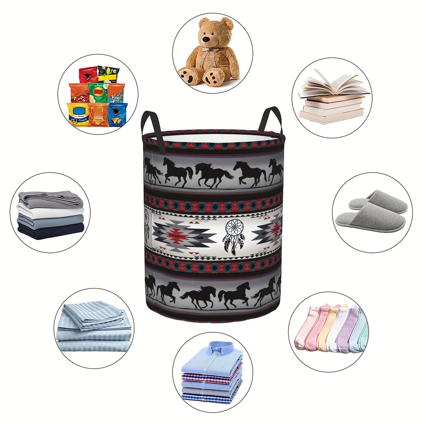 Large Capacity Foldable Laundry Basket with Handles, featuring a Galloping Horse Pattern. Durable and Stylish Polyester Round Hamper for Toy Storage in the Laundry Room, measuring 41.91 x 35.05 cm.