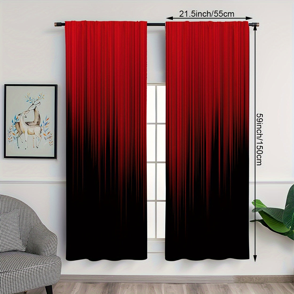 Set of 2 Polyester Red Black Gradient Stripe Design Printed Curtains, Perfect for Bedroom, Office, Kitchen, Living Room, and Study. Features Rod Pocket Window Treatment for Home and Room Decor. Easy to hang on any rod.