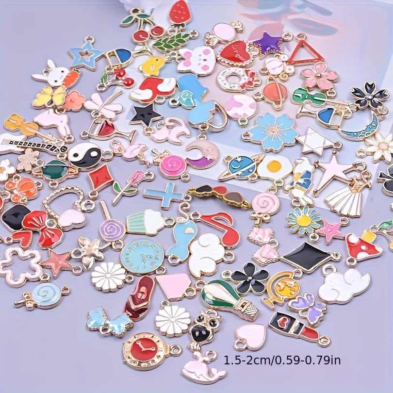 Assorted packs of cute floating charms available in quantities of 30, 50, or 100. Perfect for crafting jewelry or DIY lockets, with a variety of flowers and heart charms included.