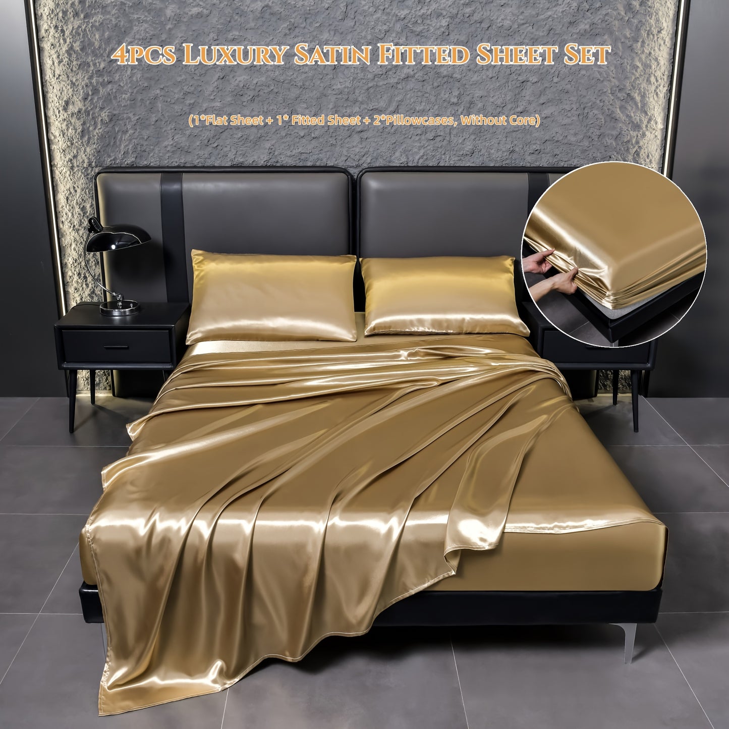 4-piece deluxe satin bed sheet set includes 1 flat sheet, 1 fitted sheet, and 2 pillowcases. Made of high-quality satin, it is bright, non-slip, breathable, reversible, and retains its new