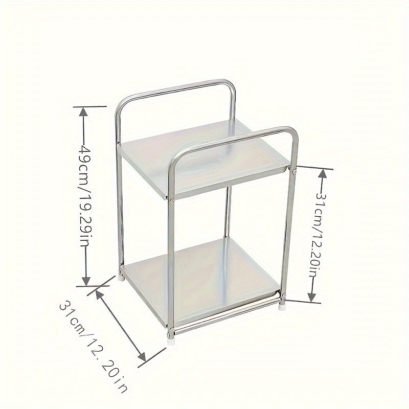 This modern stainless steel utility rack has two tiers and can be used for multiple functions. It does not require any assembly and can be used as a side sofa table or bedside organizer stand. It can be used without the need for electricity.