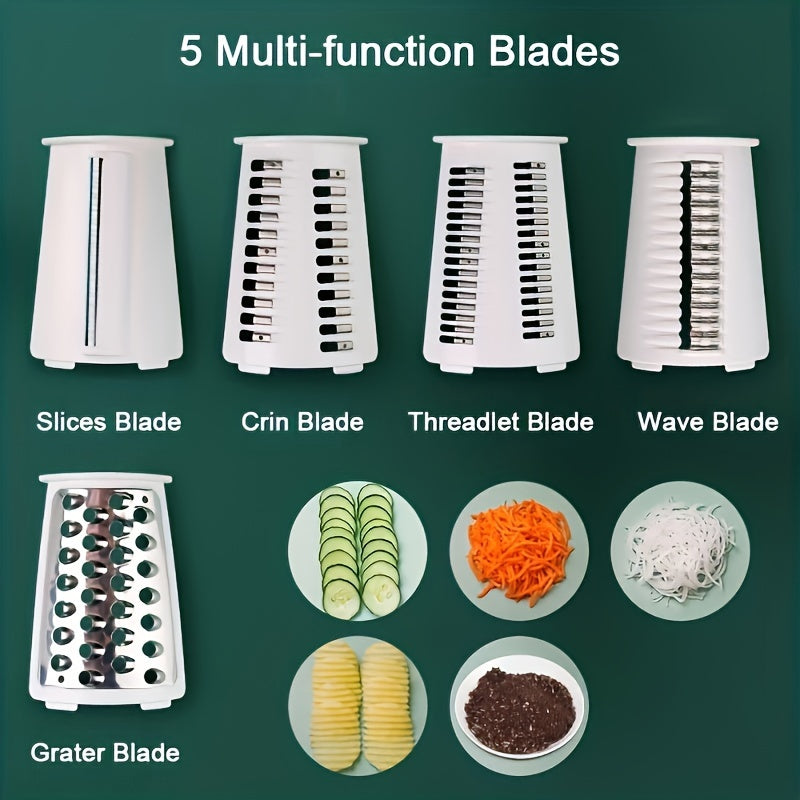 One piece, 5-in-1 rotary cheese grater and shredder, vegetable slicer, multifunctional fruit slicer, manual food grater, and cutter with a powerful suction base. Perfect for grating potatoes and chopping household vegetables. Essential kitchen gadget and