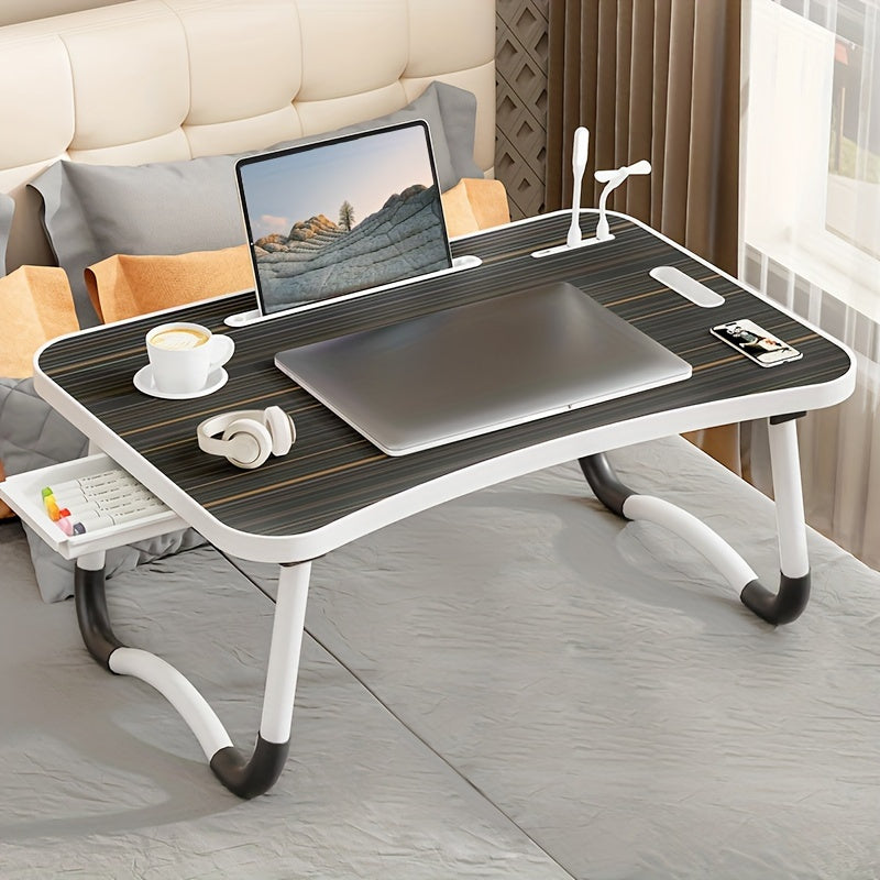 Large portable laptop bed desk with cup holder and drawer, great for eating, reading, and writing in bed, on sofa, or on floor.