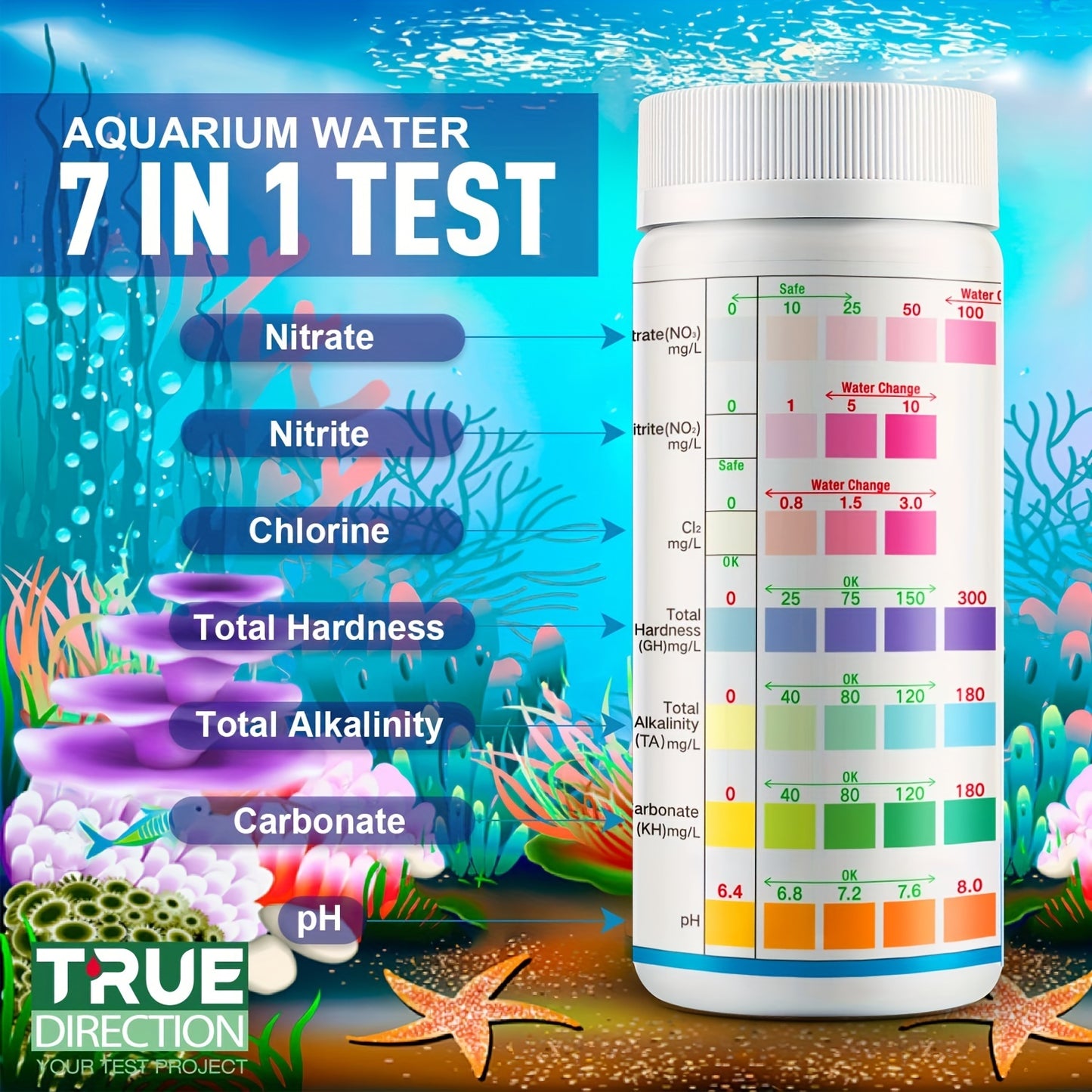 7-Way Aquarium Pool & SPA Test Strips for freshwater and saltwater fish tanks, ponds. Tests PH, Alkalinity, Nitrite, Nitrate, Chlorine, Carbonate, Hardness.