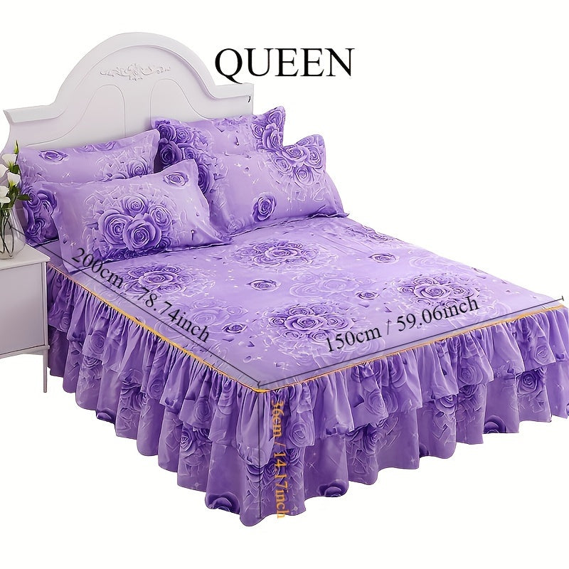 Set of 3 Tropical Floral Bed Skirt Pieces - Includes 1 Lace Non-Slip Bed Skirt and 2 Pillowcases, Polyester Bedding with Ruffled Edges for All Seasons, Machine Washable - Elegant Purple for Bedroom and Guest Room Decor, Bedding Set, Core Not Included