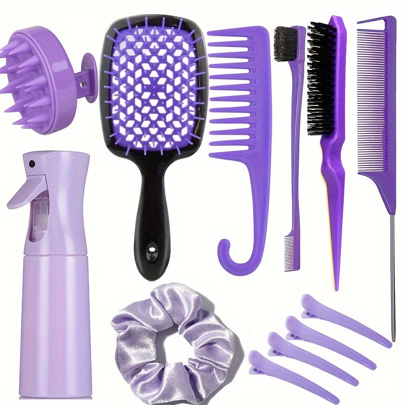 Set of 12 hair styling combs including detangling hair brush, silicone scalp massager shampoo brush, detangler brush, teasing hair brush, comb edge brush, and hairdressing spray bottle for hair styling tools.