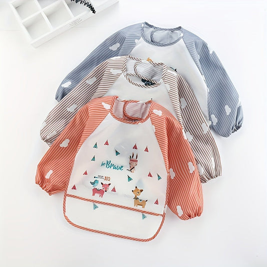 Long-sleeved Waterproof Feeding Bib with Adorable Cartoon Design, Reversible Wear Option.