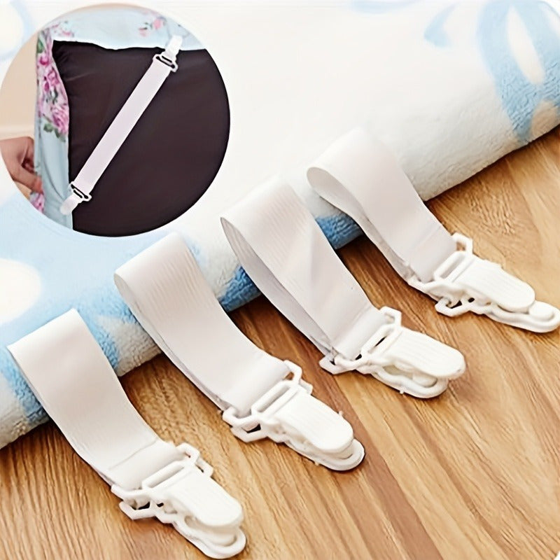 Set of 4 White Elastic Sheet Straps with Clips, Recommended for Hand Washing, Reliable Woven Fasteners for a Snug Fit